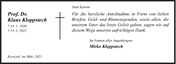 Traueranzeige von Klaus Kloppstech von Siegener Zeitung