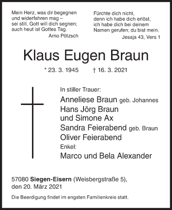 Traueranzeige von Klaus Eugen Braun von Siegener Zeitung