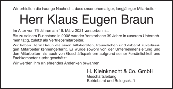 Traueranzeige von Klaus Eugen Braun von Siegener Zeitung