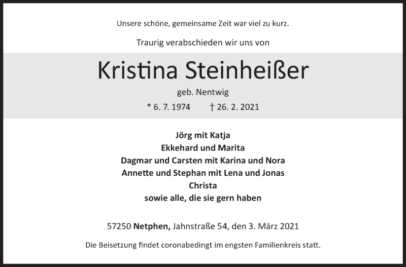  Traueranzeige für Kristina Steinheißer vom 03.03.2021 aus Siegener Zeitung
