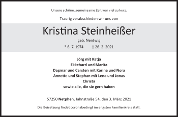 Traueranzeige von Kristina Steinheißer von Siegener Zeitung