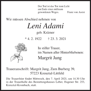 Traueranzeige von Leni Adami von Siegener Zeitung