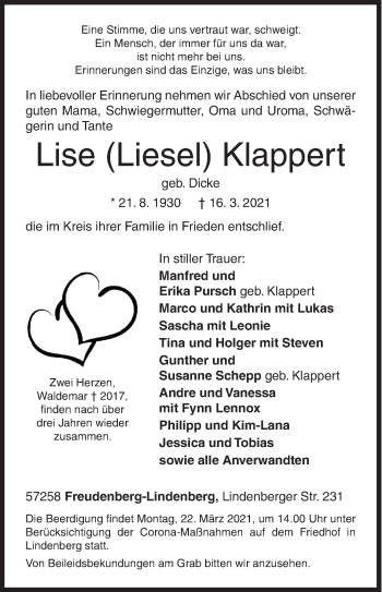Traueranzeige von Lise Klappert von Siegener Zeitung