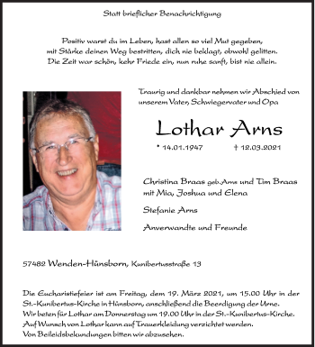 Traueranzeige von Lothar Arns von Siegener Zeitung
