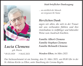 Traueranzeige von Lucia Clemens von Siegener Zeitung