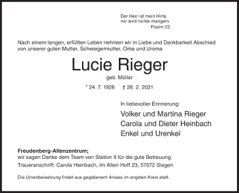 Traueranzeige von Lucie Rieger von Siegener Zeitung