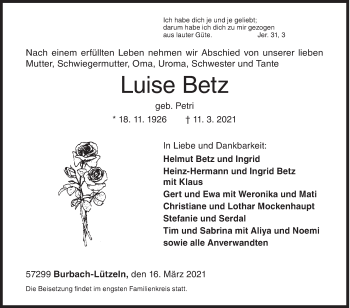 Traueranzeige von Luise Betz von Siegener Zeitung