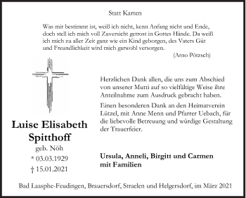 Traueranzeige von Luise Elisabeth Spitthoff von Siegener Zeitung