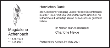 Traueranzeige von Magdalene Achenbach von Siegener Zeitung