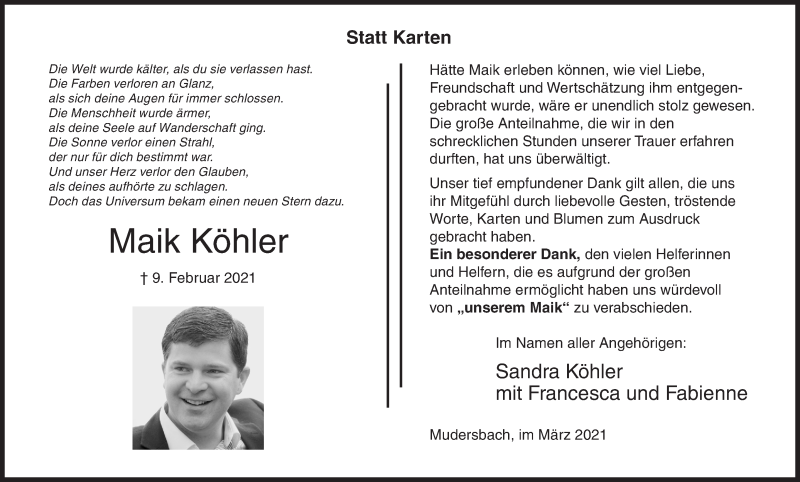  Traueranzeige für Maik Köhler vom 13.03.2021 aus Siegener Zeitung