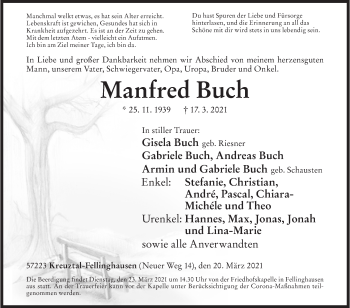Traueranzeige von Manfred Buch von Siegener Zeitung