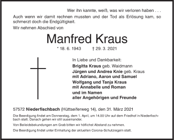 Traueranzeige von Manfred Kraus von Siegener Zeitung