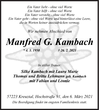 Traueranzeige von Manfred G. Kambach von Siegener Zeitung