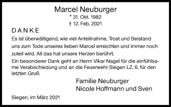 Traueranzeige von Marcel Neuburger von Siegener Zeitung