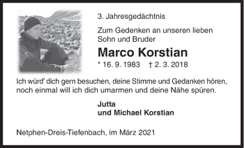 Traueranzeige von Marco Korstian von Siegener Zeitung