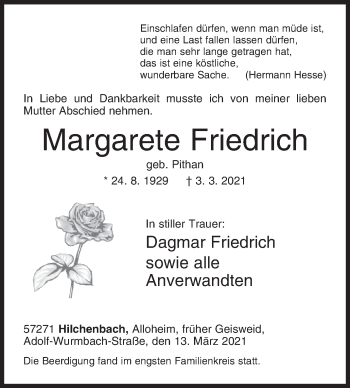 Traueranzeige von Margarete Friedrich von Siegener Zeitung