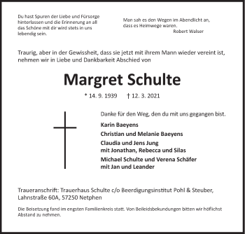 Traueranzeige von Margret Schulte von Siegener Zeitung