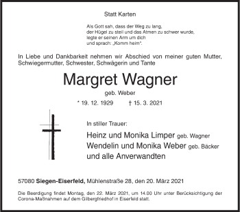 Traueranzeige von Margret Wagner von Siegener Zeitung