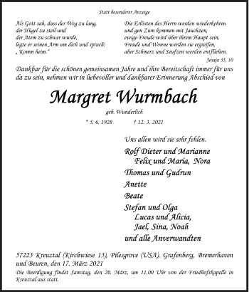Traueranzeige von Margret Wurmbach von Siegener Zeitung