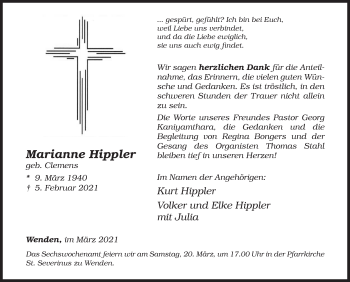 Traueranzeige von Marianne Hippler von Siegener Zeitung