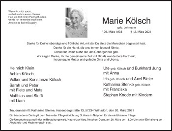 Traueranzeige von Marie Kölsch von Siegener Zeitung
