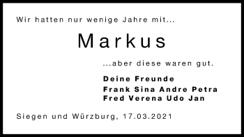 Traueranzeige von Markus  von Siegener Zeitung