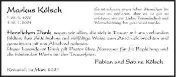Traueranzeige von Markus Kölsch von Siegener Zeitung