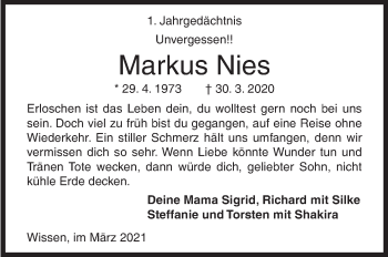 Traueranzeige von Markus Nies von Siegener Zeitung