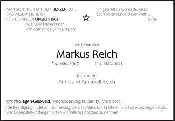 Traueranzeige von Markus Reich von Siegener Zeitung