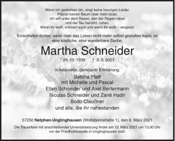 Traueranzeige von Martha Schneider von Siegener Zeitung
