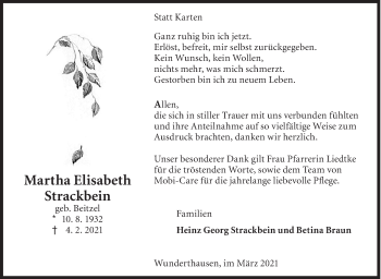 Traueranzeige von Martha Elisabeth Strackbein von Siegener Zeitung