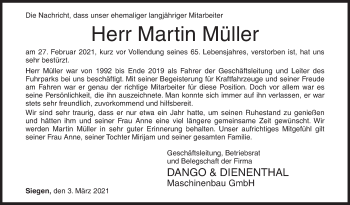 Traueranzeige von Martin Müller von Siegener Zeitung