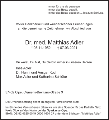 Traueranzeige von Matthias Adler von Siegener Zeitung