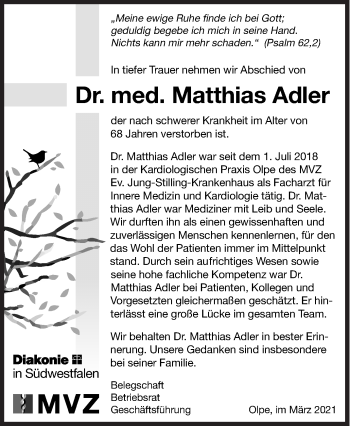 Traueranzeige von Matthias Adler von Siegener Zeitung