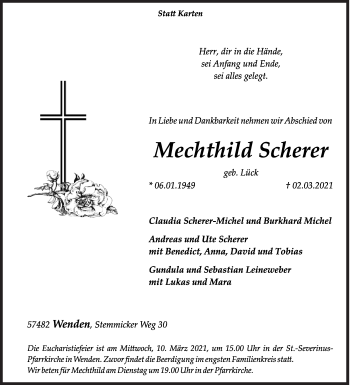 Traueranzeige von Mechthild Scherer von Siegener Zeitung
