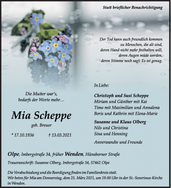 Traueranzeige von Mia Scheppe von Siegener Zeitung