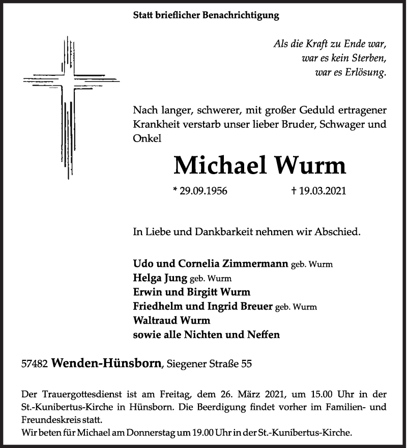  Traueranzeige für Michael Wurm vom 23.03.2021 aus Siegener Zeitung