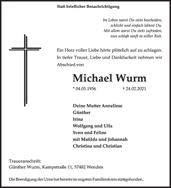 Traueranzeige von Michael Wurm von Siegener Zeitung