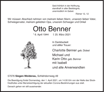 Traueranzeige von Otto Benner von Siegener Zeitung