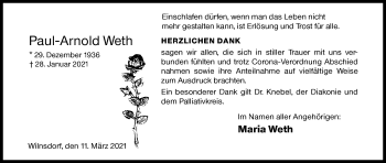 Traueranzeige von Paul-Arnold Weth von Siegener Zeitung