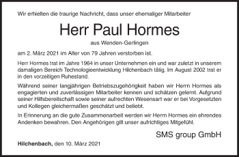 Traueranzeige von Paul Hormes von Siegener Zeitung