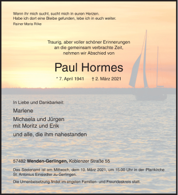 Traueranzeige von Paul Hormes von Siegener Zeitung