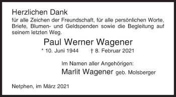 Traueranzeige von Paul Werner Wagener von Siegener Zeitung