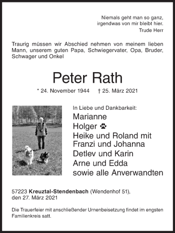 Traueranzeige von Peter Rath von Siegener Zeitung