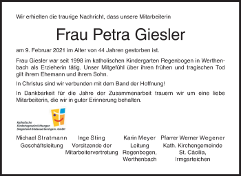 Traueranzeige von Petra Giesler von Siegener Zeitung