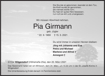 Traueranzeige von Pia Girmann von Siegener Zeitung