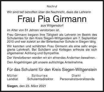 Traueranzeige von Pia Girmann von Siegener Zeitung