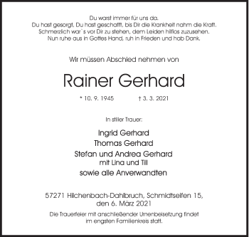 Traueranzeige von Rainer Gerhard von Siegener Zeitung