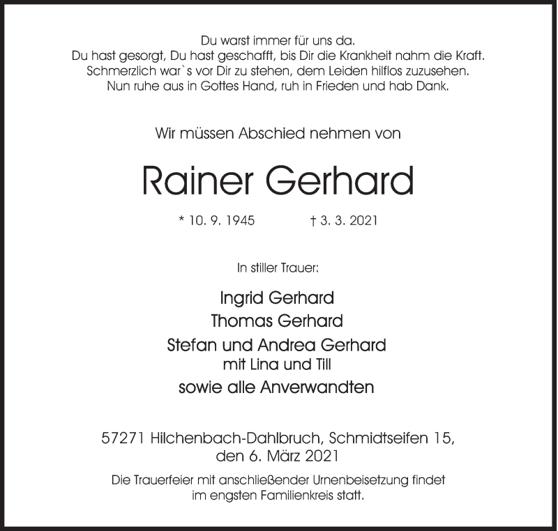  Traueranzeige für Rainer Gerhard vom 06.03.2021 aus Siegener Zeitung