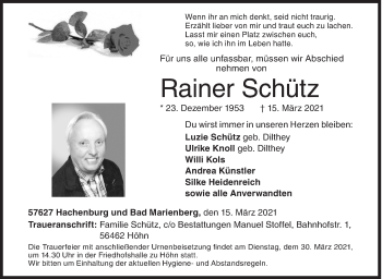 Traueranzeige von Rainer Schütz von Siegener Zeitung